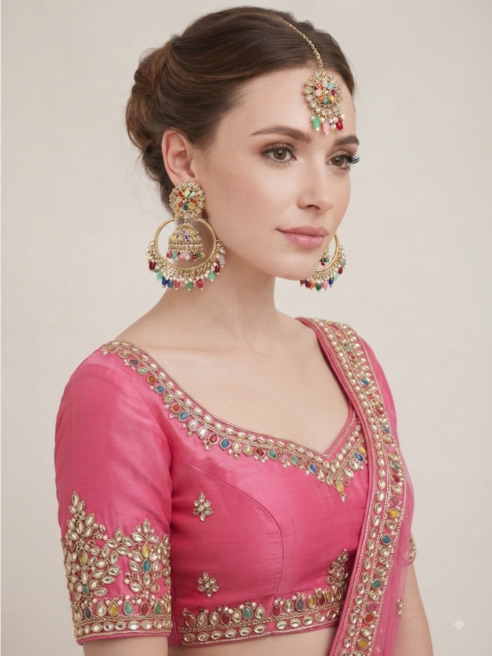 Gold Tone Multicolor Polki Jhumka Earrings Maang Tikka Set - Picture 6 of 12